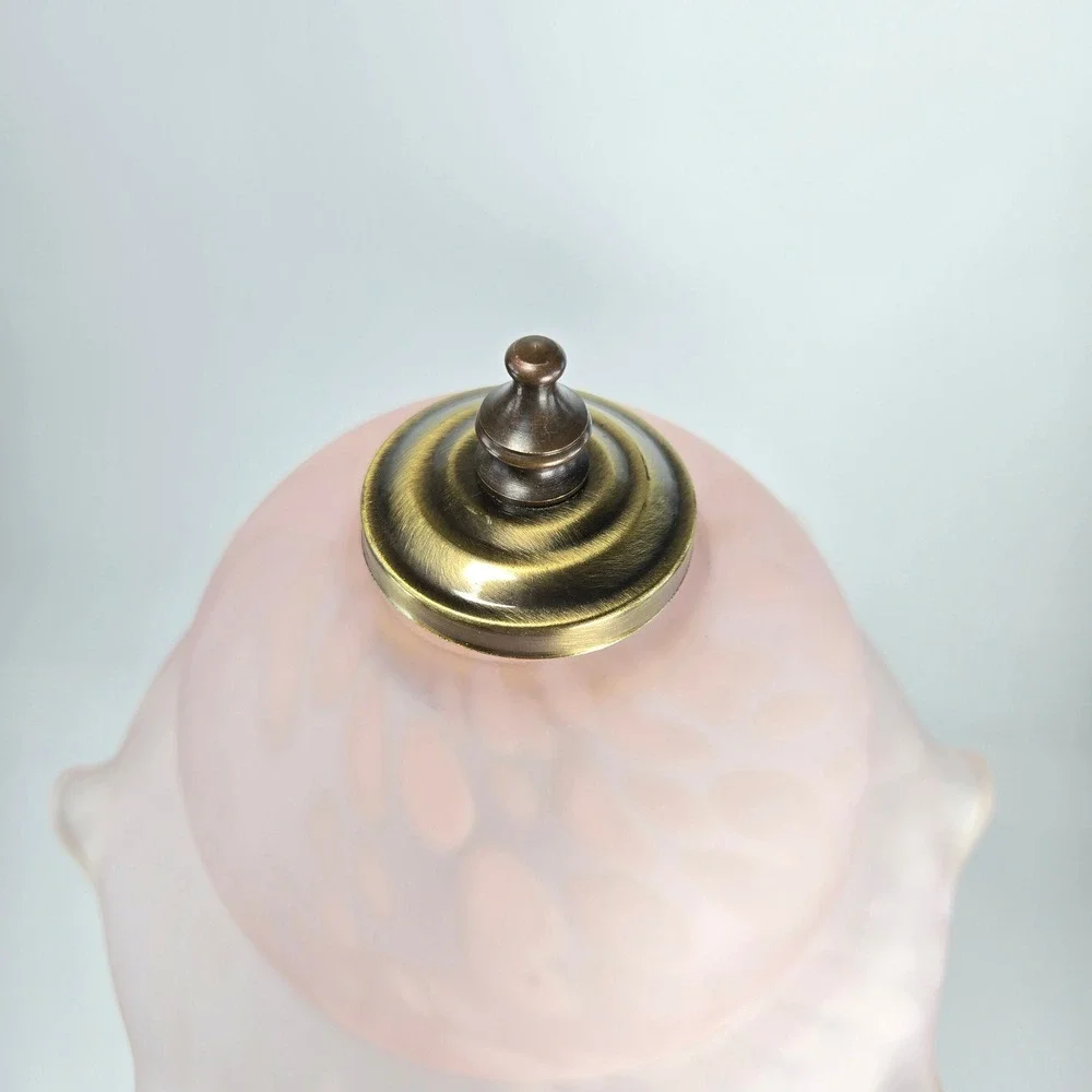 Vintage Juan Clara Bronze Statue Girl on Chair Table Lamp Pink Frost Glass Shade